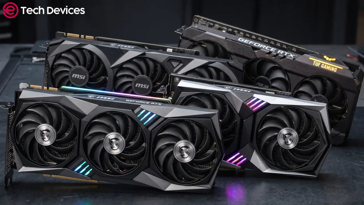 A clean, well-lit photo of a used graphics card on an anti-static mat, with a screwdriver, GPU-Z benchmark screen, and thermal testing tools nearby.
