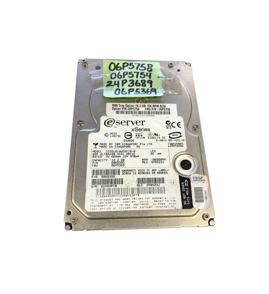 06P5369 IBM 18.2GB 10000RPM Ultra-160 SCSI 80-Pin Hot Pluggable 3.5-inch Hard Drive with Tray