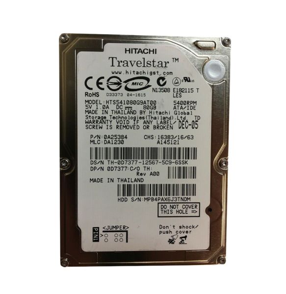 0A25384 Hitachi Travelstar 5K80 80GB 5400RPM ATA-100 8MB Cache 2.5-inch Hard Drive