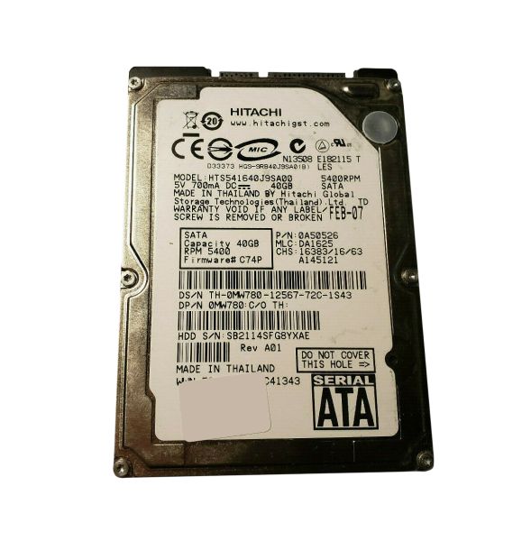0A50526 Hitachi Travelstar 5K160 40GB 5400RPM SATA 1.5Gb/s 8MB Cache 2.5-inch Hard Drive