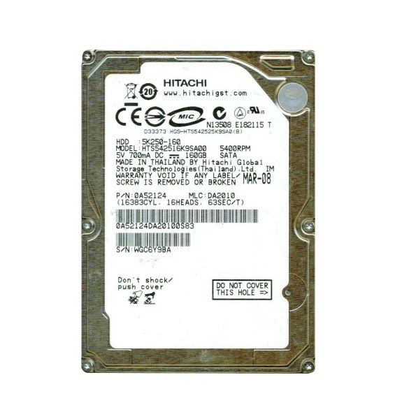 0A52124 Hitachi Travelstar 5K250 160GB 5400RPM SATA 1.5Gb/s 8MB Cache 2.5-inch Hard Drive