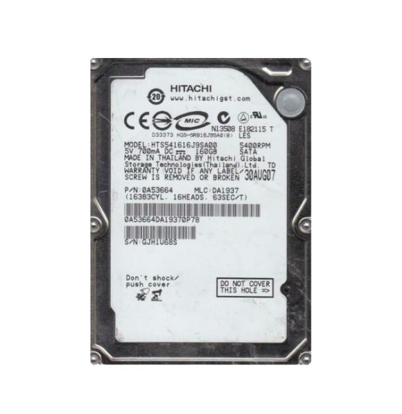 0A53664 Hitachi Travelstar 5K160 160GB 5400RPM SATA 1.5Gb/s 8MB Cache 2.5-inch Hard Drive