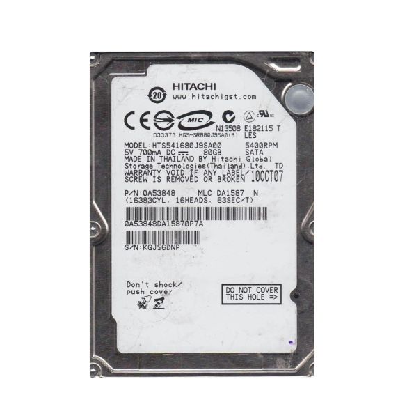 0A53848 Hitachi Travelstar 5K160 80GB 5400RPM SATA 1.5Gb/s 8MB Cache 2.5-inch Hard Drive