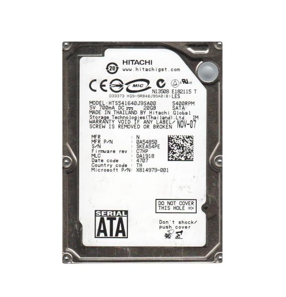 0A54850 Hitachi Travelstar 5K160 20GB 5400RPM SATA 1.5Gb/s 8MB Cache 2.5-inch Hard Drive