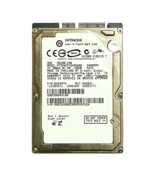 0A54974 Hitachi Travelstar 5K250 160GB 5400RPM SATA 1.5Gb/s 8MB Cache 2.5-inch Hard Drive