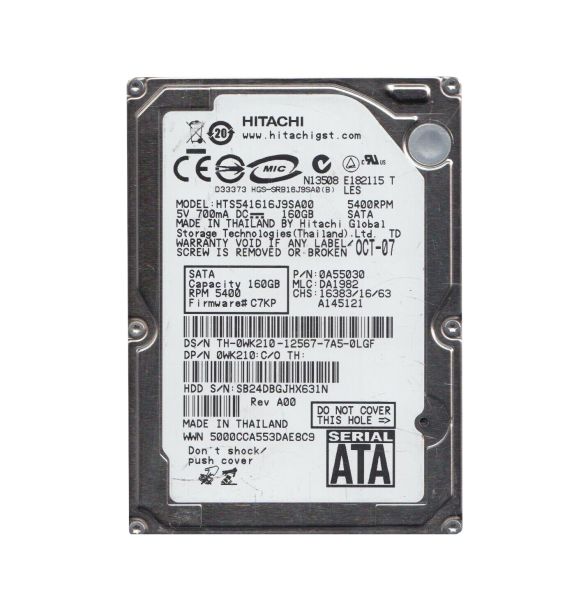 0A55030 Hitachi Travelstar 5K160 160GB 5400RPM SATA 1.5Gb/s 8MB Cache 2.5-inch Hard Drive