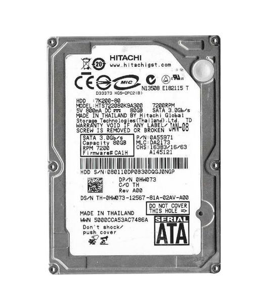 0A55971 Hitachi Travelstar 7K200-80 80GB 7200RPM SATA 3Gb/s 16MB Cache 2.5-inch Hard Drive