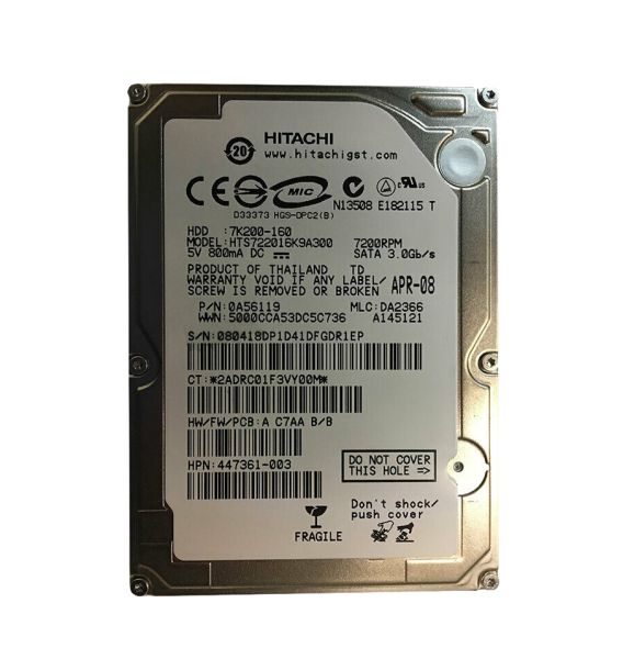 0A56119 Hitachi Travelstar 7K200 160GB 7200RPM SATA 3Gb/s 16MB Cache 2.5-inch Hard Drive
