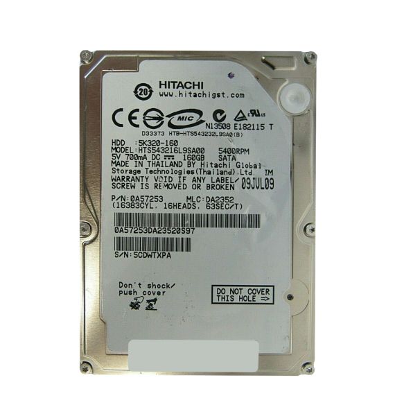 0A57253 Hitachi Travelstar 5K500.B 160GB 5400RPM SATA 3Gb/s 8MB Cache 2.5-inch Hard Drive