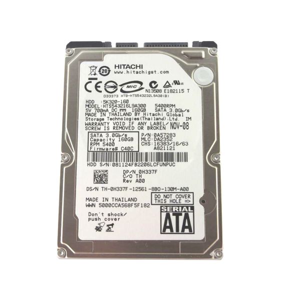 0A57283 Hitachi Travelstar 5K320 160GB 5400RPM SATA 3Gb/s 8MB Cache 2.5-inch Hard Drive