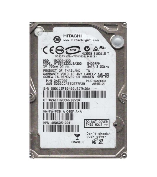 0A57297 Hitachi Travelstar 5K320 320GB 5400RPM SATA 3Gb/s 8MB Cache 2.5-inch Hard Drive