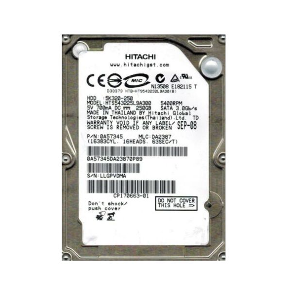 0A57345 Hitachi Travelstar 5K320 250GB 5400RPM SATA 3Gb/s 8MB Cache 2.5-inch Hard Drive