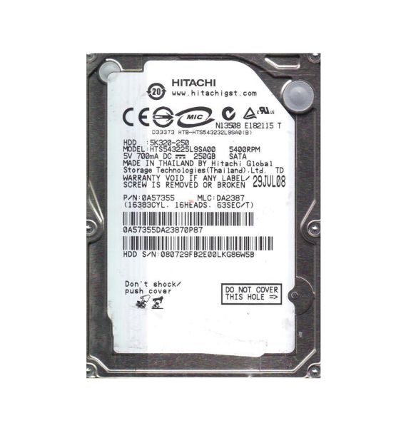 0A57355 Hitachi Travelstar 5K320 250GB 5400RPM SATA 1.5Gb/s 8MB Cache 2.5-inch Hard Drive