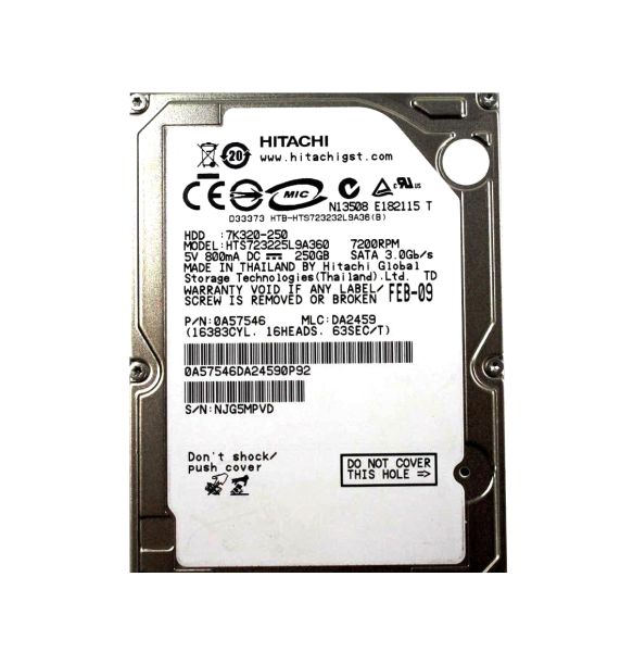 0A57546 Hitachi Travelstar 7K320 250GB 7200RPM SATA 3Gb/s 16MB Cache 2.5-inch Hard Drive