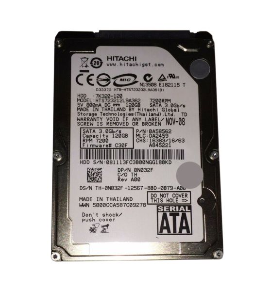 0A58562 Hitachi Travelstar 7K320 120GB 7200RPM SATA 3Gb/s 16MB Cache 2.5-inch Hard Drive