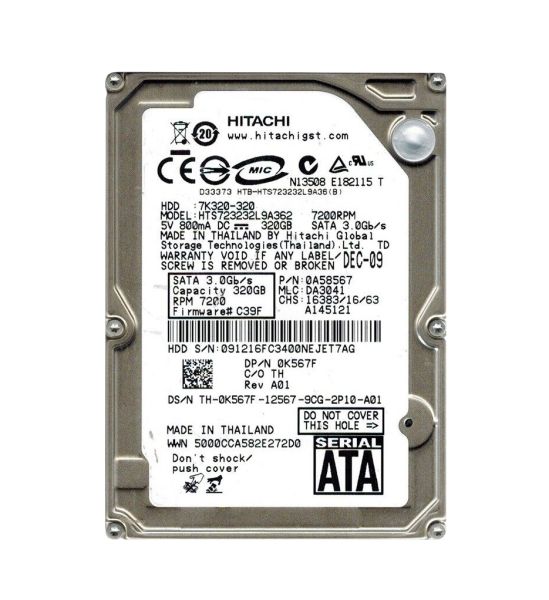 0A58567 Hitachi Travelstar 7K320 320GB 7200RPM SATA 3Gb/s 16MB Cache 2.5-inch Hard Drive