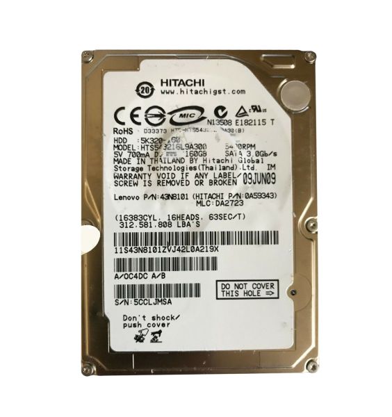 0A59343 Hitachi Travelstar 5K320 160GB 5400RPM SATA 3Gb/s 8MB Cache 2.5-inch Hard Drive