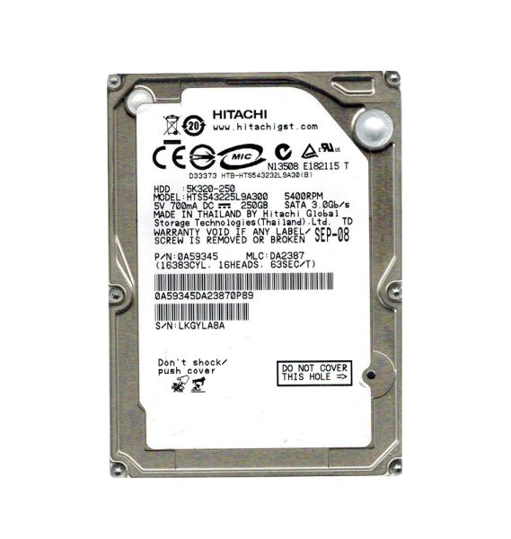 0A59345 Hitachi Travelstar 5K320 250GB 5400RPM SATA 3Gb/s 8MB Cache 2.5-inch Hard Drive