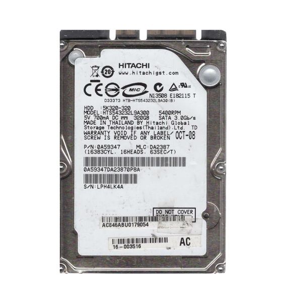 0A59347 Hitachi Travelstar 5K320 320GB 5400RPM SATA 3Gb/s 8MB Cache 2.5-inch Hard Drive