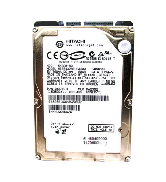 0A59581 Hitachi Travelstar 5K320 80GB 5400RPM SATA 3Gb/s 8MB Cache 2.5-inch Hard Drive