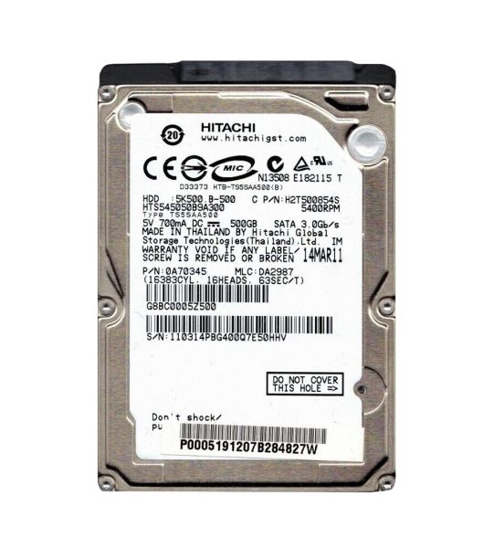 0A70345 Hitachi Travelstar 5K500.B 500GB 5400RPM SATA 3Gb/s 8MB Cache 2.5-inch Hard Drive