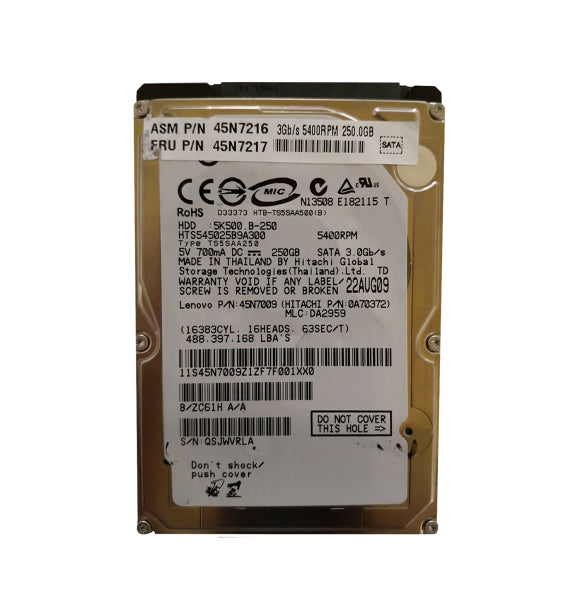 0A70372 Hitachi Travelstar 5K500.B 250GB 5400RPM SATA 3Gb/s 8MB Cache 2.5-inch Hard Drive