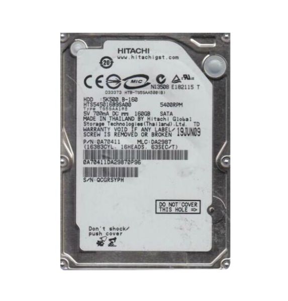 0A70411 Hitachi Travelstar 5K500.B 160GB 5400RPM SATA 1.5Gb/s 8MB Cache 2.5-inch Hard Drive