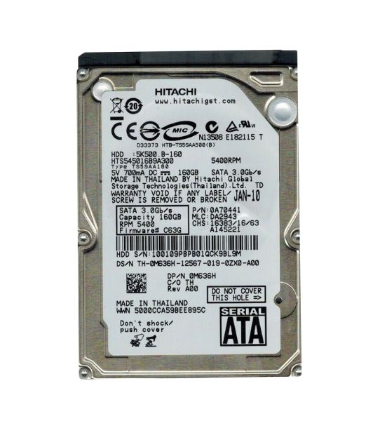 0A70441 Hitachi Travelstar 5K500.B 160GB 5400RPM SATA 3Gb/s 8MB Cache 2.5-inch Hard Drive