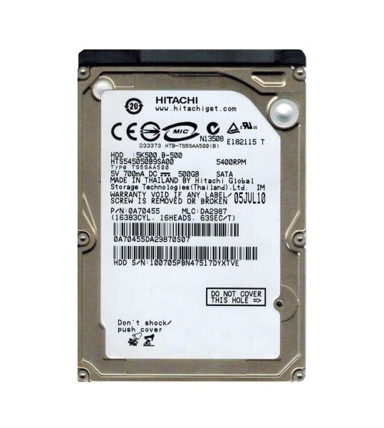 0A70455 Hitachi Travelstar 5K500.B 500GB 5400RPM SATA 1.5Gb/s 8MB Cache 2.5-inch Hard Drive