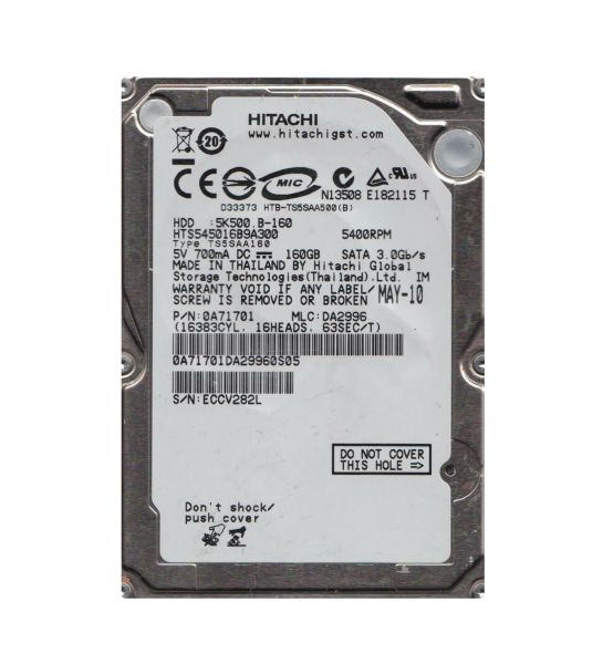0A71701 Hitachi Travelstar 5K500.B 160GB 5400RPM SATA 3Gb/s 8MB Cache 2.5-inch Hard Drive