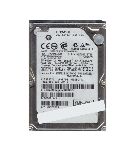 0A73291 Hitachi Travelstar 7K500 160GB 7200RPM SATA 3Gb/s 16MB Cache 2.5-inch Hard Drive
