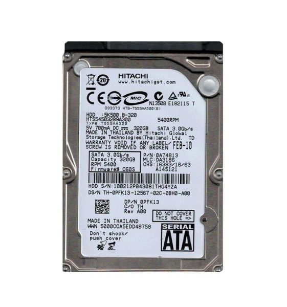 0A74813 Hitachi Travelstar 5K500.B 320GB 5400RPM SATA 3Gb/s 8MB Cache 2.5-inch Hard Drive