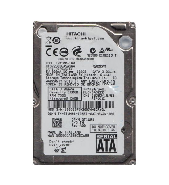 0A76481 Hitachi Travelstar 7K500 160GB 7200RPM SATA 3Gb/s 16MB Cache 2.5-inch Hard Drive