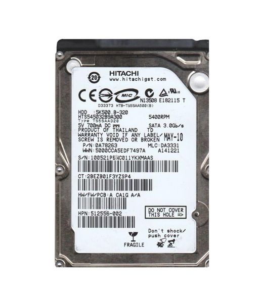 0A78263 Hitachi Travelstar 5K500.B 320GB 5400RPM SATA 3Gb/s 8MB Cache 2.5-inch Hard Drive