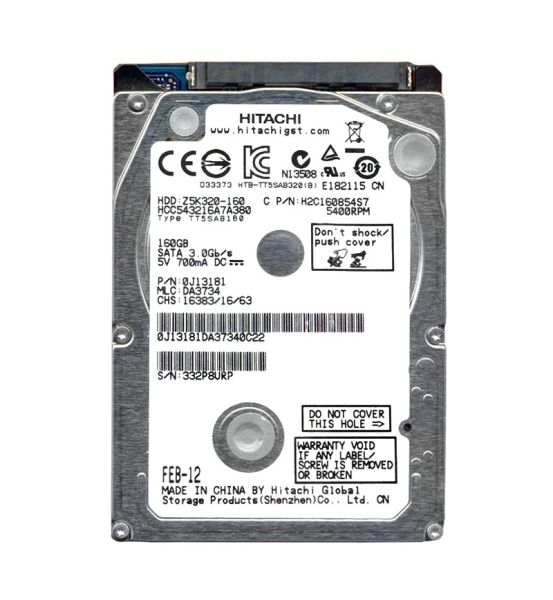 0J13181 Hitachi CinemaStar Z5K320 160GB 5400RPM SATA 3Gb/s 8MB Cache 2.5-inch Hard Drive