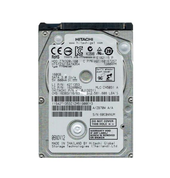0J13231 Hitachi Travelstar Z7K320 160GB 7200RPM SATA 3Gb/s 16MB Cache 2.5-inch Hard Drive