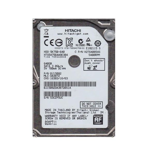 0J15082 Hitachi Travelstar 5K750 640GB 5400RPM SATA 3Gb/s 8MB Cache 2.5-inch Hard Drive