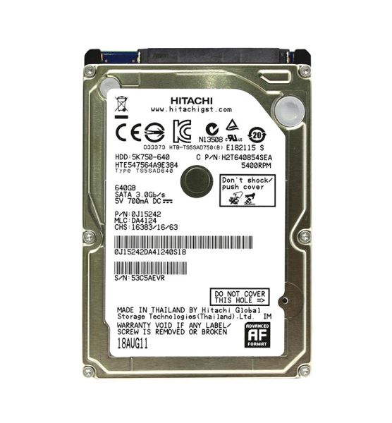 0J15242 Hitachi Travelstar 5K750 640GB 5400RPM SATA 3Gb/s 8MB Cache 2.5-inch Hard Drive
