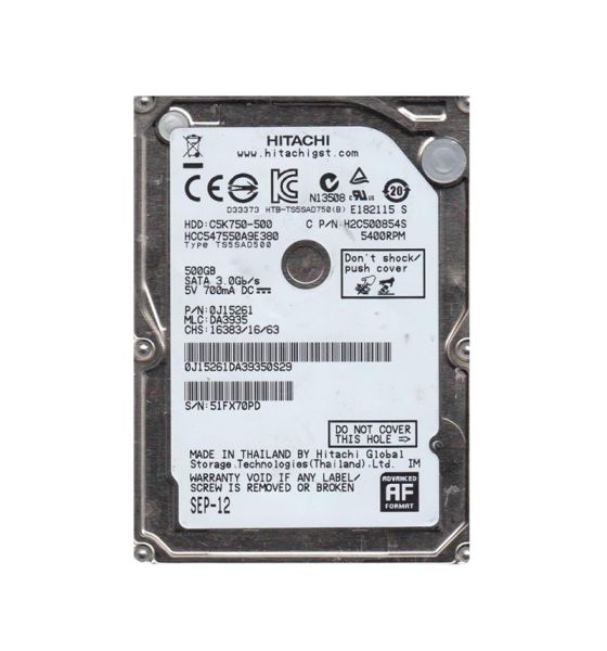 0J15261 Hitachi CinemaStar C5K750 500GB 5400RPM SATA 3Gb/s 8MB Cache 2.5-inch Hard Drive