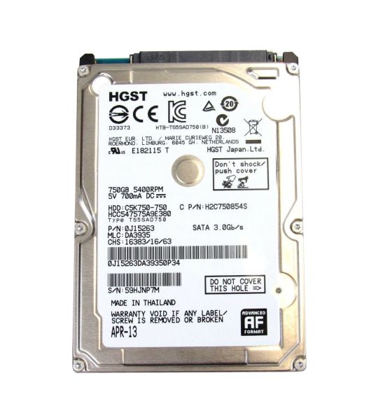 0J15263 Hitachi CinemaStar C5K750 750GB 5400RPM SATA 3Gb/s 8MB Cache 2.5-inch Hard Drive