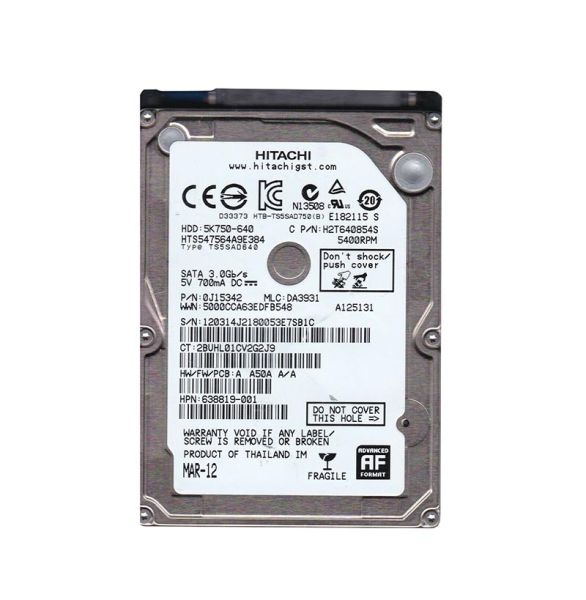 0J15342 Hitachi Travelstar 5K750 640GB 5400RPM SATA 3Gb/s 8MB Cache 2.5-inch Hard Drive