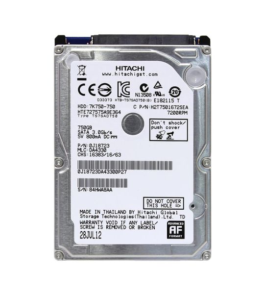 0J18723 Hitachi Travelstar 7K750 750GB 7200RPM SATA 3Gb/s 16MB Cache 2.5-inch Hard Drive