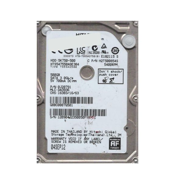 0J20791 Hitachi Travelstar 5K750 500GB 5400RPM SATA 3Gb/s 8MB Cache 2.5-inch Hard Drive