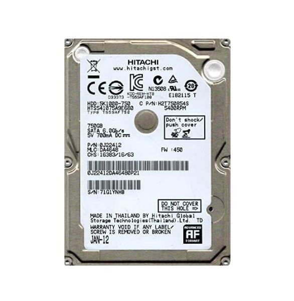 0J22412 Hitachi Travelstar 5K1000 750GB 5400RPM SATA 6Gb/s 8MB Cache 2.5-inch Hard Drive
