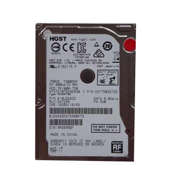 0J22422 Hitachi Travelstar 7K1000 750GB 7200RPM SATA 6Gb/s 32MB Cache 2.5-inch Hard Drive