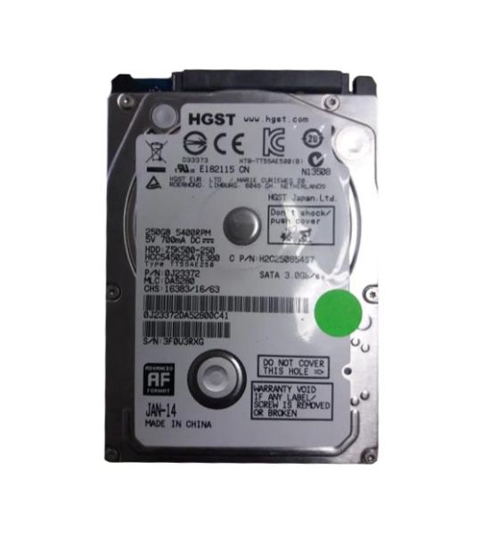 0J23372 Hitachi CinemaStar Z5K500 250GB 5400RPM SATA 3Gb/s 8MB Cache 2.5-inch Hard Drive