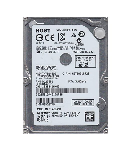 0J23561 Hitachi Travelstar 7K750-500 500GB 7200RPM SATA 3Gb/s 16MB Cache 2.5-inch Hard Drive