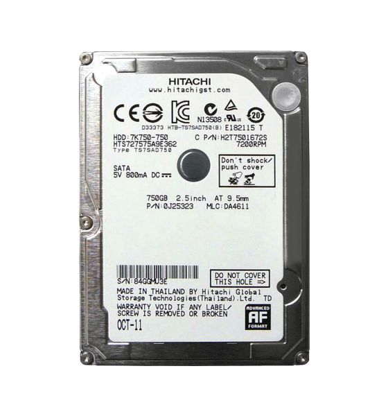 0J25323 Hitachi Travelstar 7K750 750GB 7200RPM SATA 3Gb/s 16MB Cache 2.5-inch Hard Drive