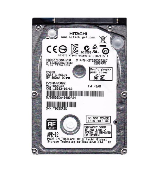 0J26002 Hitachi Travelstar Z7K500 250GB 7200RPM SATA 6Gb/s 32MB Cache 2.5-inch Hard Drive