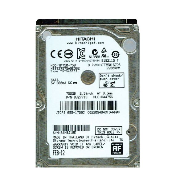 0J27713 Hitachi Travelstar 7K750 750GB 7200RPM SATA 3Gb/s 16MB Cache 2.5-inch Hard Drive